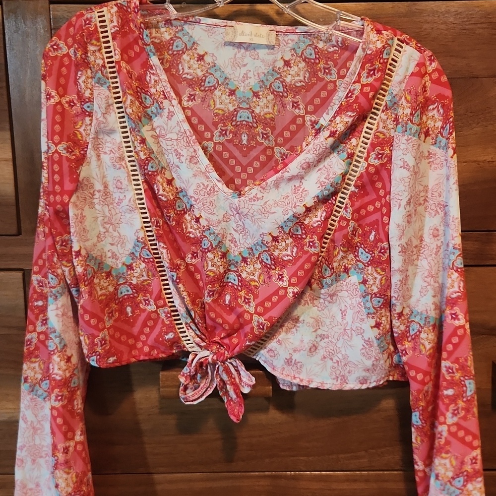Altar'd State Pink and Orange Tie Front Crop Boho Flowy Spring Xs Blouse
